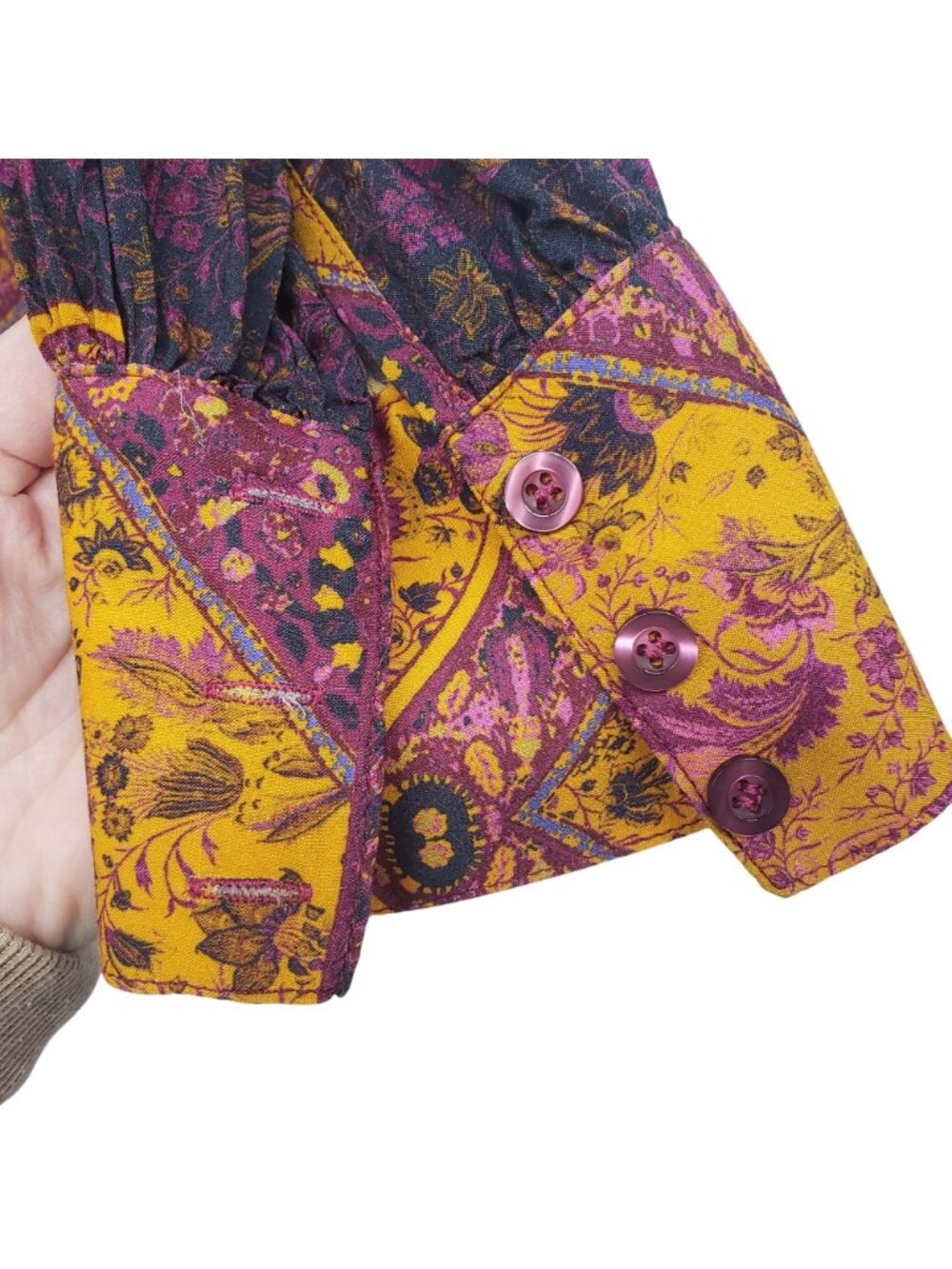 Oliveaceous Yellow Purple Long Sleeve Top Floral Paisley Cottage Core Boho Fall - Picture 8 of 11